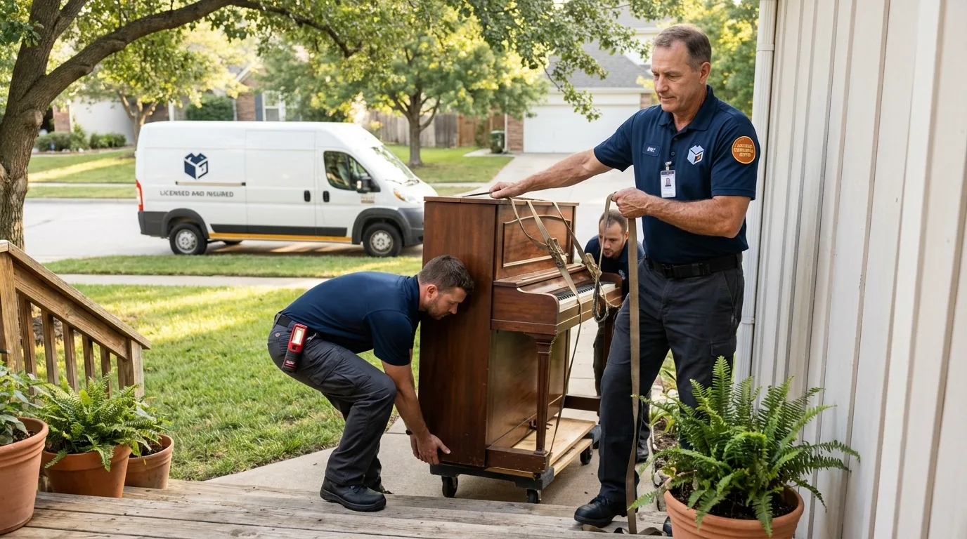 Licensed piano movers securing grand piano in Honey Brook, PA