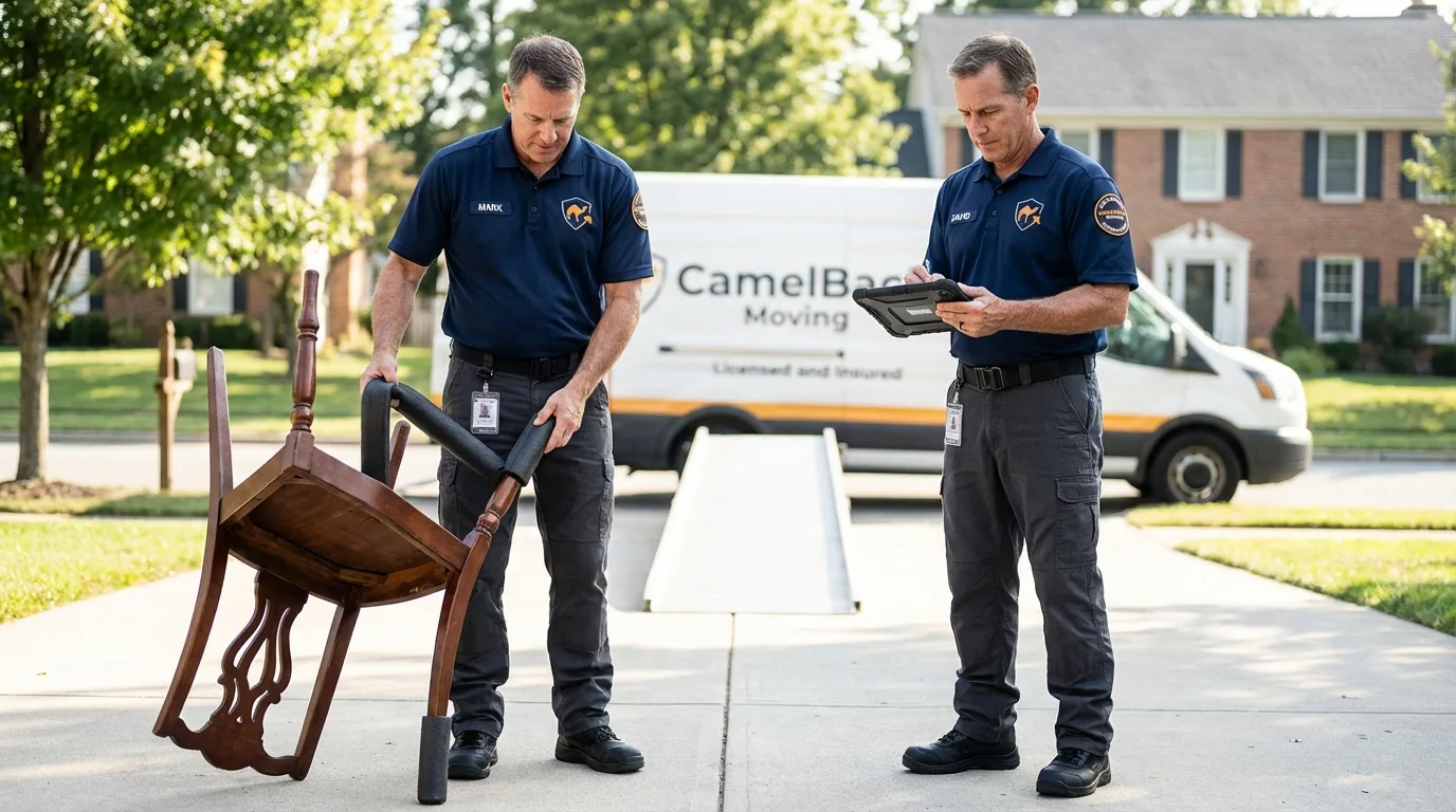 Movers inspecting furniture for damage prevention before loading in Honey Brook, PA