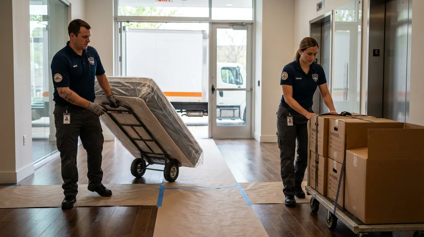 Professional apartment movers loading elevator in Honey Brook, PA