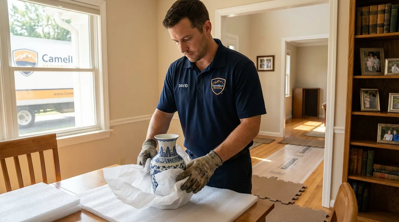Professional crew carefully wrapping antique vase for senior downsizing move in Honey Brook, PA